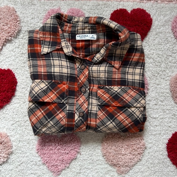 Arizona Jean Company Tops - Arizona Jean Company Orange Cream Plaid Button-Up Flannel